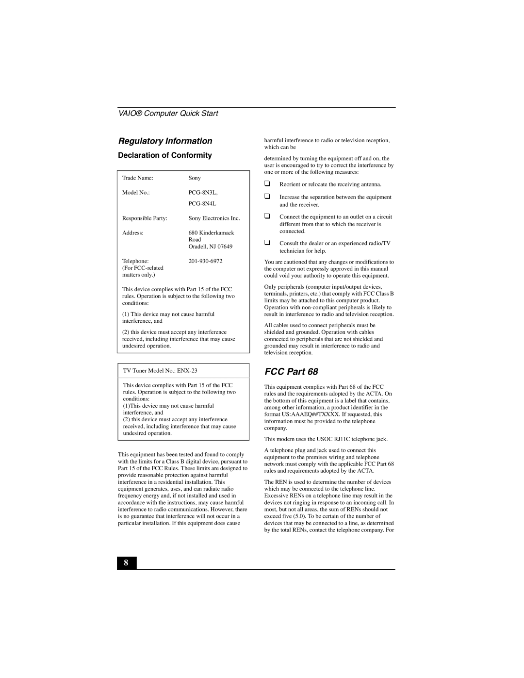 Sony PCG-GRT200Z quick start FCC Part, Regulatory Information 