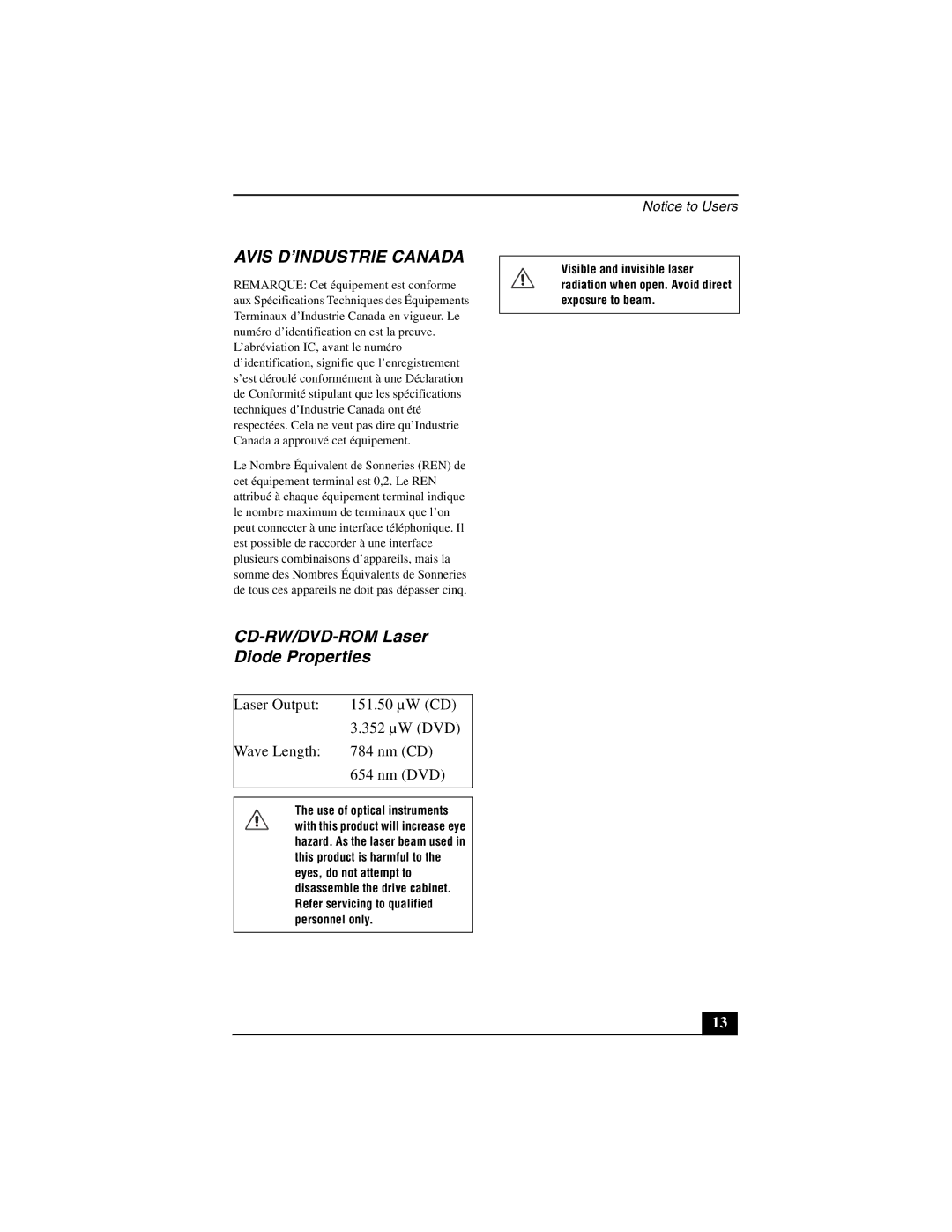 Sony PCG-GRZ530 quick start Avis D’INDUSTRIE Canada, CD-RW/DVD-ROM Laser Diode Properties 