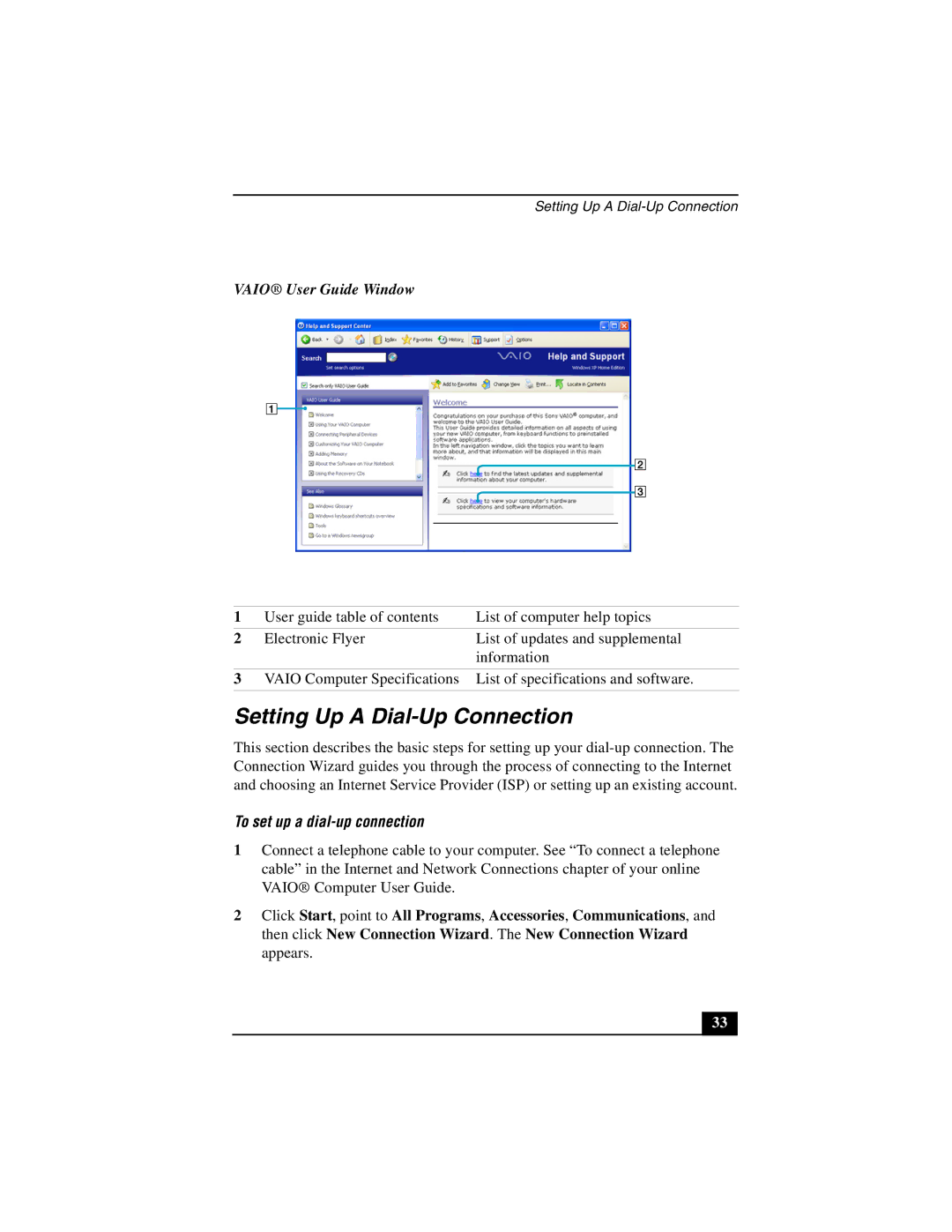 Sony PCG-GRZ530 quick start Setting Up a Dial-Up Connection, Vaio User Guide Window, To set up a dial-up connection 