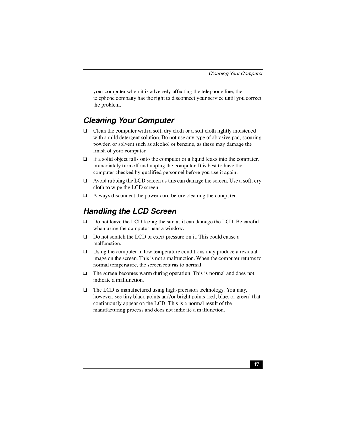 Sony PCG-GRZ530 quick start Cleaning Your Computer, Handling the LCD Screen 