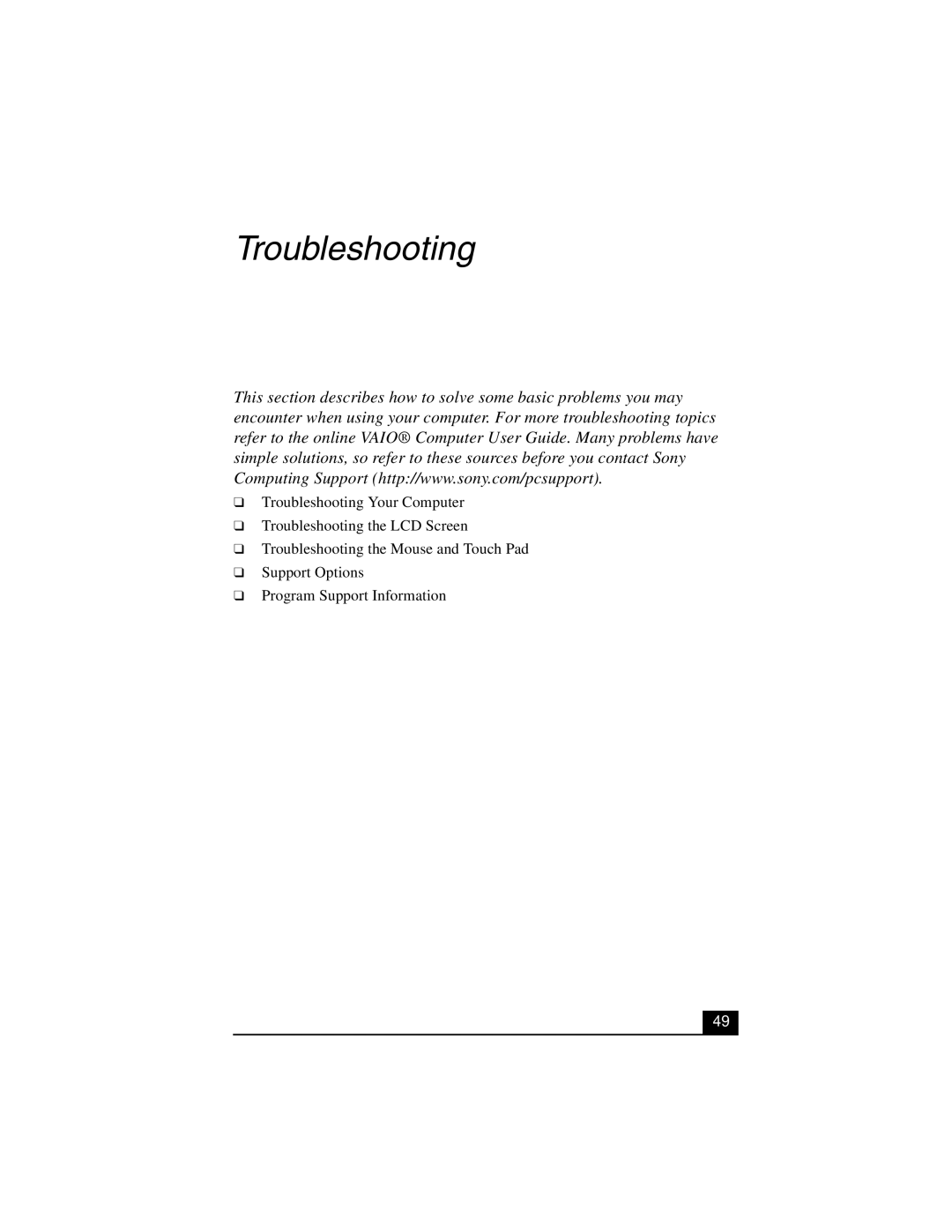 Sony PCG-GRZ530 quick start Troubleshooting 