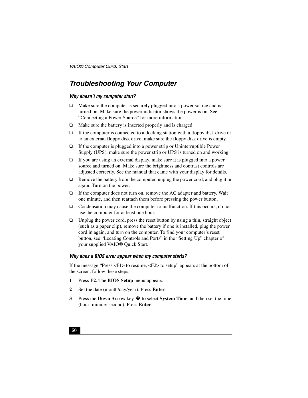 Sony PCG-GRZ530 quick start Troubleshooting Your Computer, Why doesn’t my computer start? 