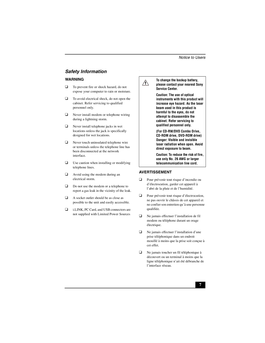 Sony PCG-GRZ530 quick start Safety Information, Avertissement 