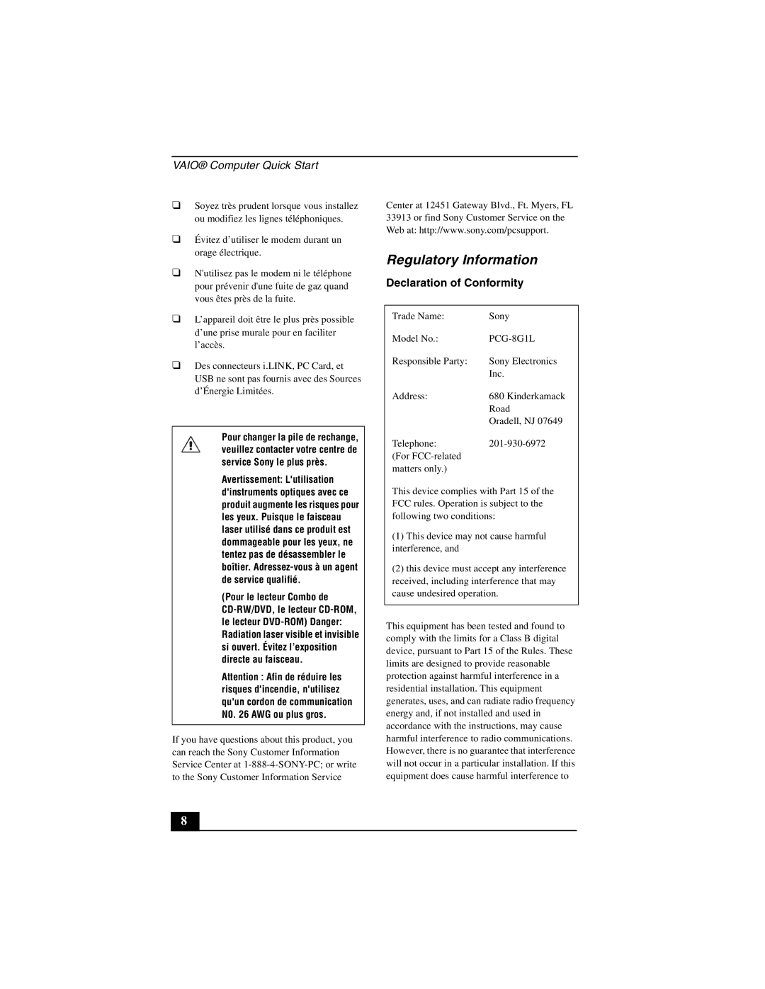 Sony PCG-GRZ530 quick start Regulatory Information, Évitez d’utiliser le modem durant un orage électrique 