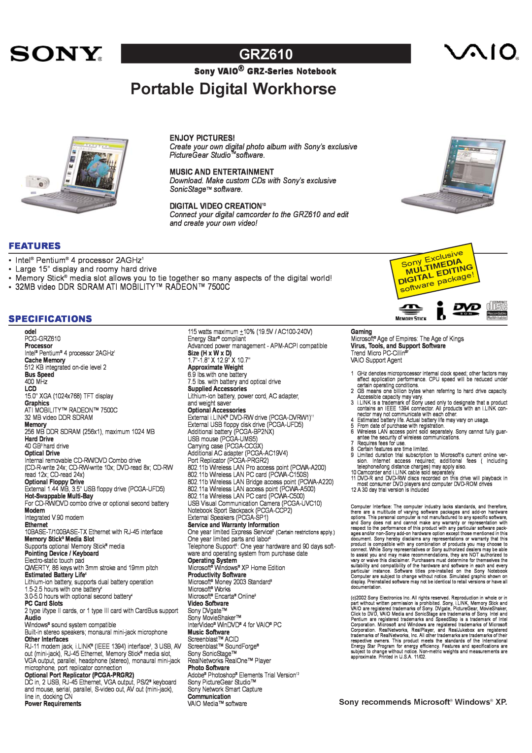 Sony PCG-GRZ610 specifications Portable Digital Workhorse, Sony VAIO GRZ-Series Notebook, Features, Specifications 