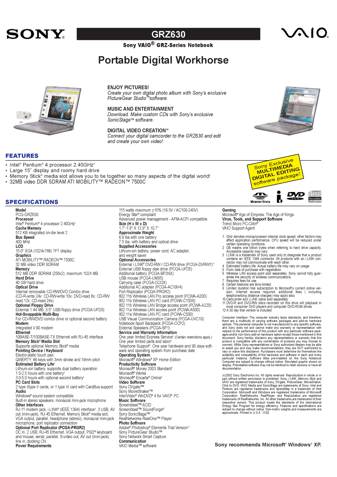 Sony PCG-GRZ630 specifications Model, Processor, Cache Memory, Bus Speed, Graphics, Hard Drive, Optical Drive, Modem 