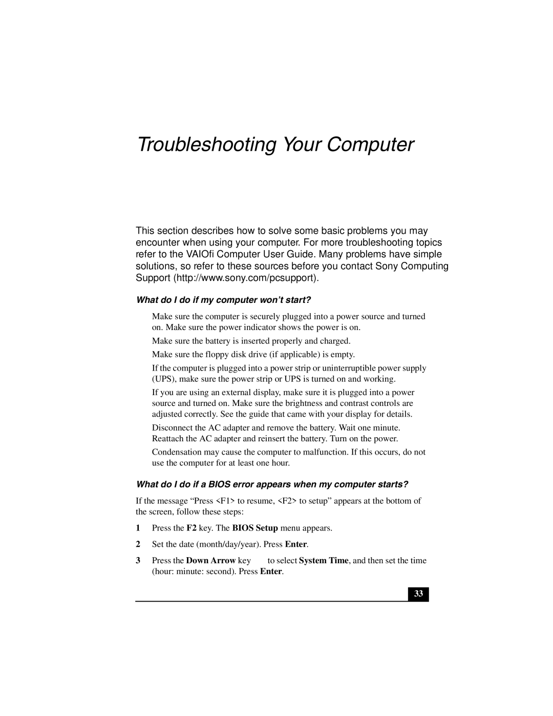 Sony PCG-K40 quick start Troubleshooting Your Computer, What do I do if my computer won’t start? 