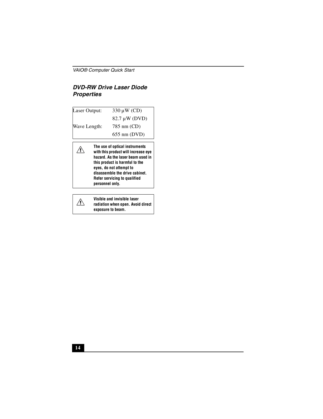 Sony PCG-NV200 quick start DVD-RW Drive Laser Diode Properties, Laser Output 330 µW CD 82.7 µW DVD Wave Length Nm CD Nm DVD 