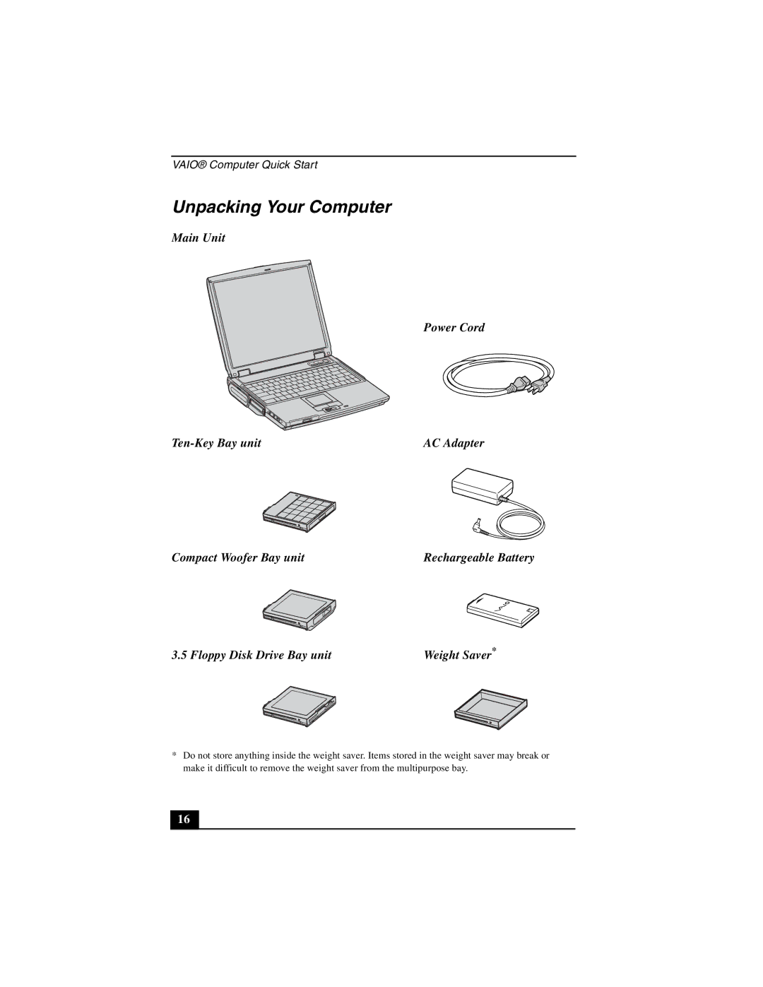 Sony PCG-NV200 quick start Unpacking Your Computer, Main Unit Power Cord Ten-Key Bay unit, Compact Woofer Bay unit 