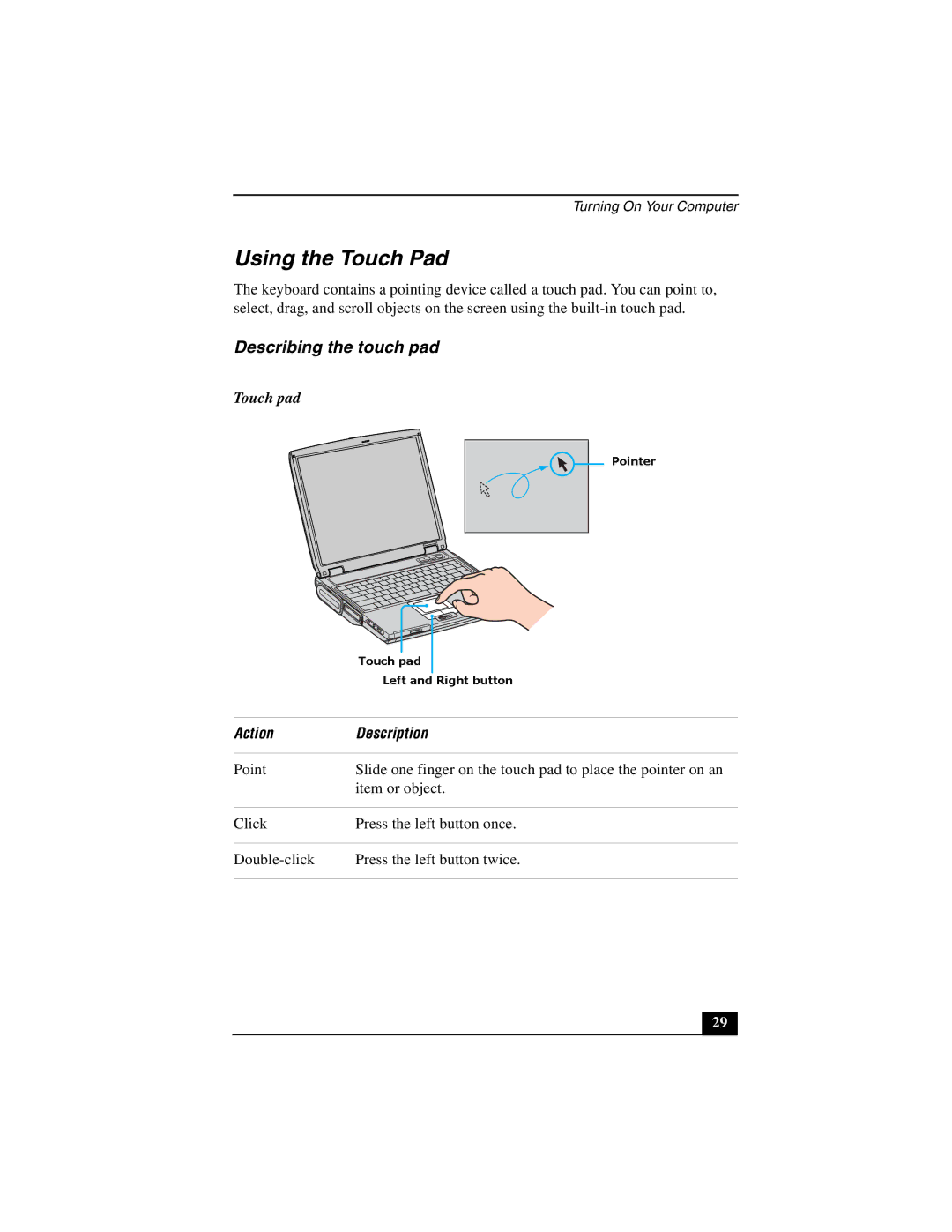 Sony PCG-NV200 quick start Using the Touch Pad, Describing the touch pad, Touch pad, Action Des ription 