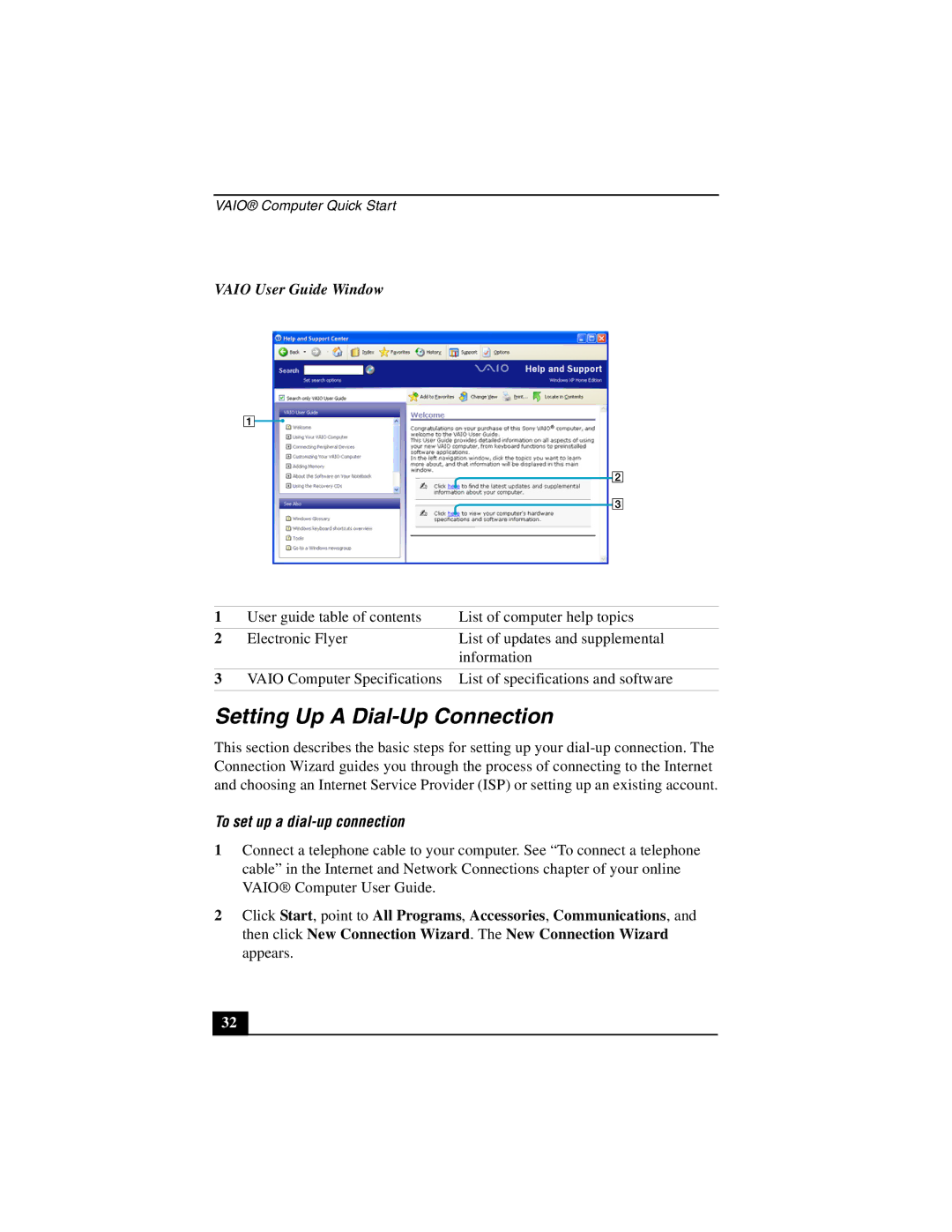 Sony PCG-NV200 quick start Setting Up a Dial-Up Connection, Vaio User Guide Window, To set up a dial-up connection 