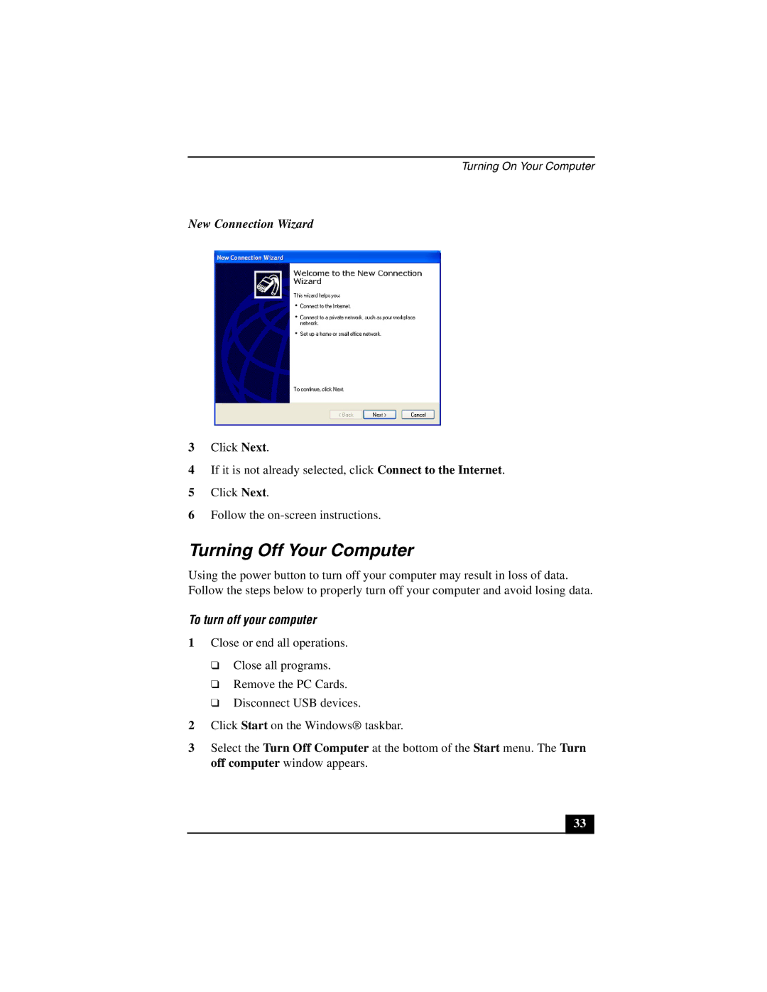 Sony PCG-NV200 quick start Turning Off Your Computer, New Connection Wizard, To turn off your computer 