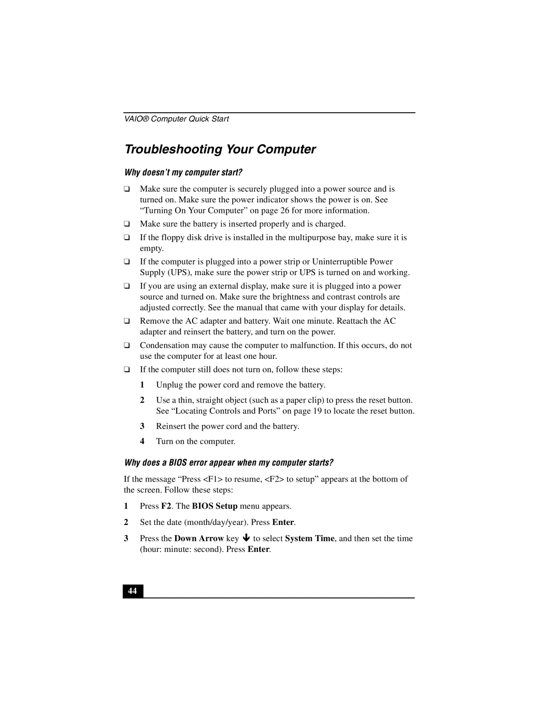 Sony PCG-NV200 quick start Troubleshooting Your Computer, Why doesn’t my computer start? 