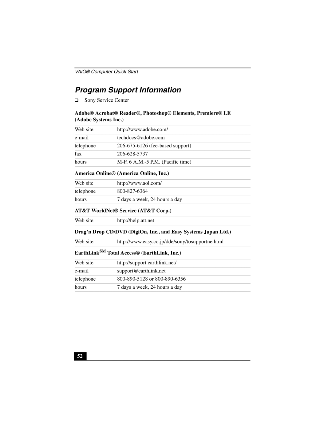 Sony PCG-NV200 quick start Program Support Information, EarthLinkSM Total Access EarthLink, Inc 