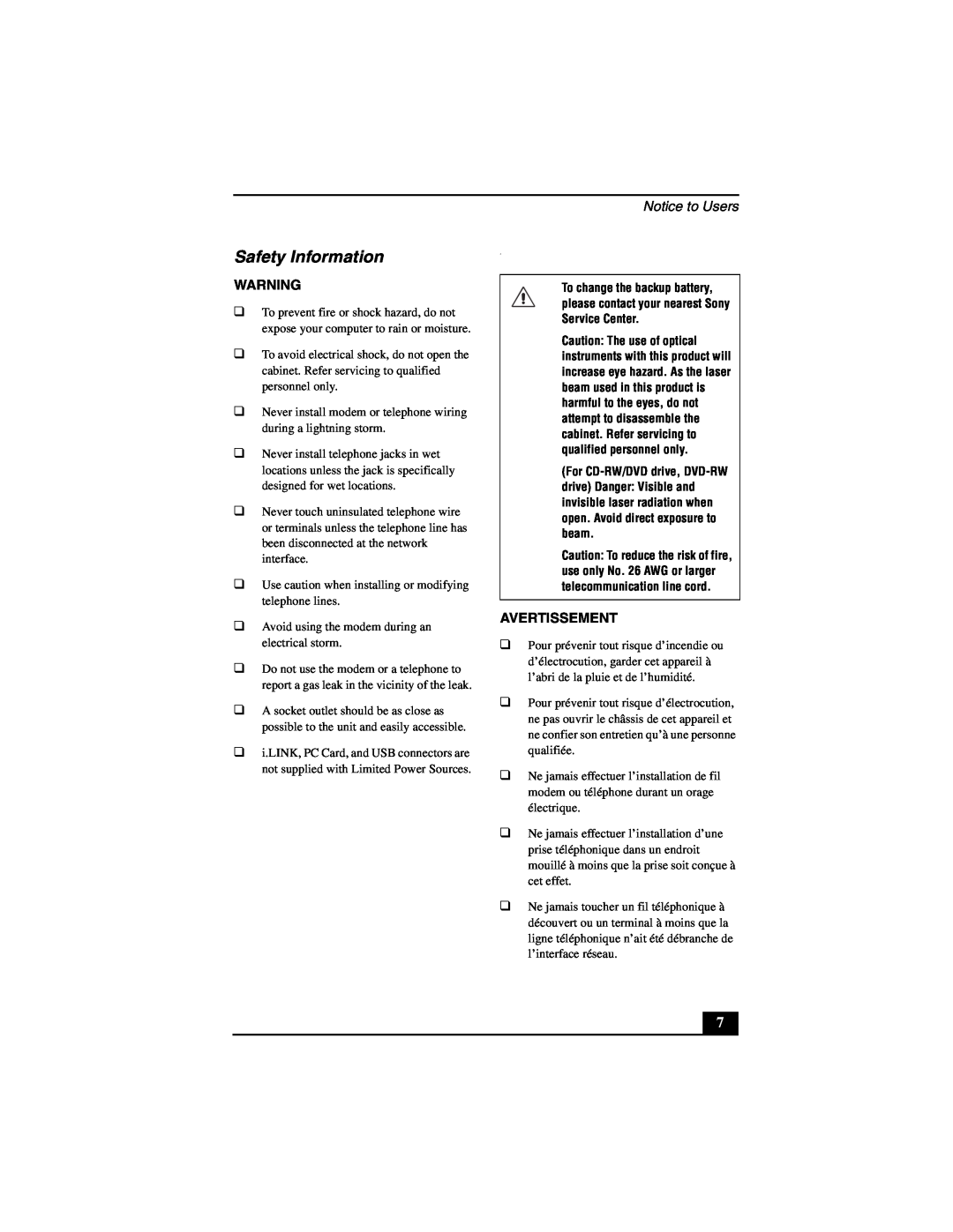 Sony PCG-NV200 quick start Safety Information, Notice to Users, Avertissement 
