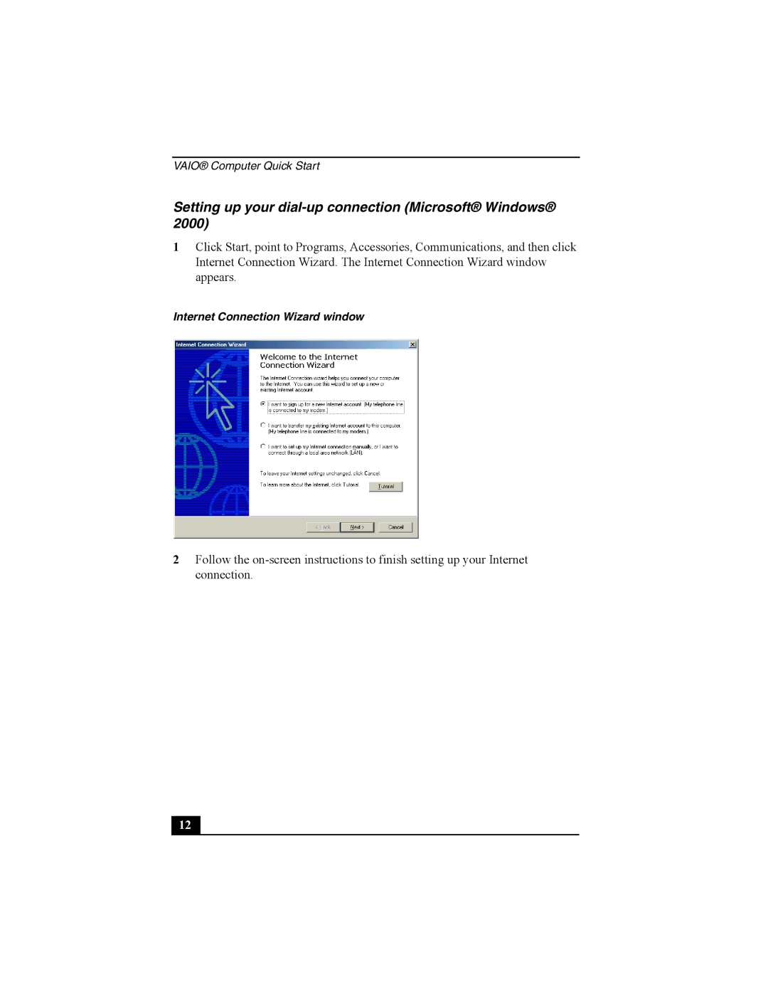 Sony PCG-R505 quick start Setting up your dial-up connection Microsoft Windows 