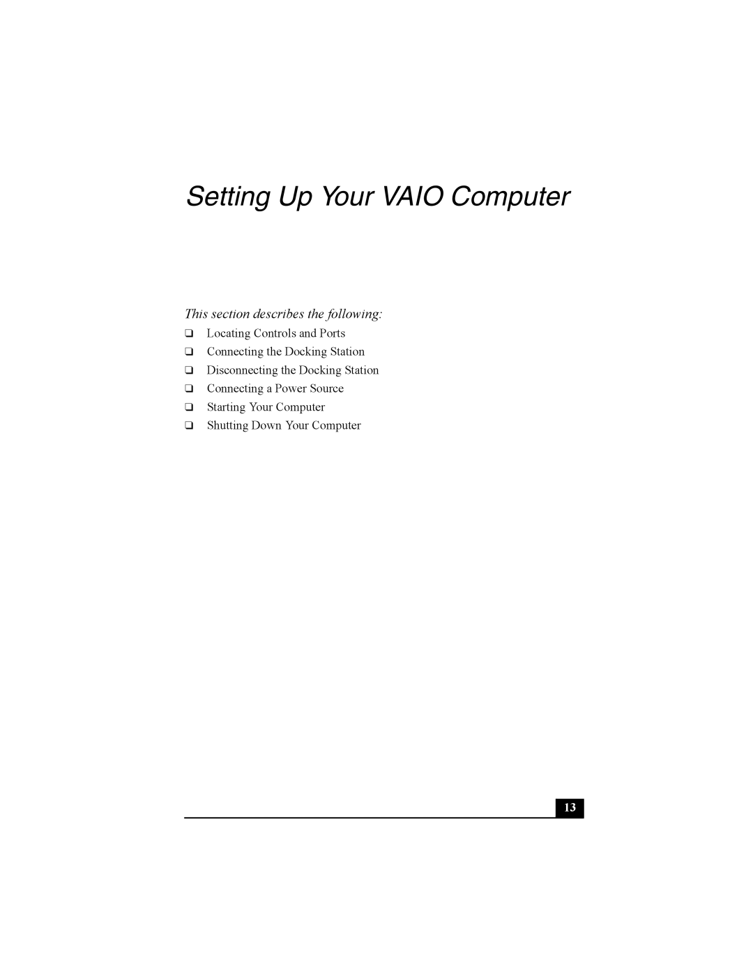 Sony PCG-R505 quick start Setting Up Your Vaio Computer, This section describes the following 