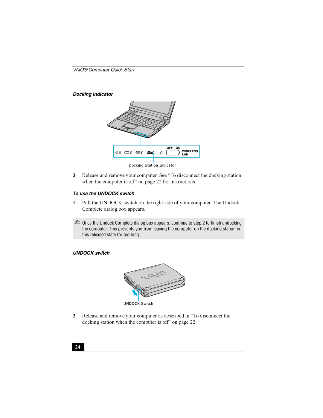 Sony PCG-R505 quick start Docking Indicator 