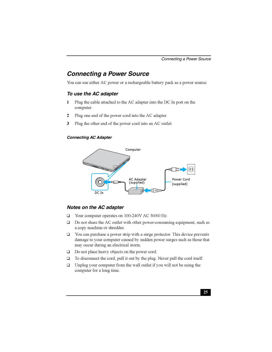 Sony PCG-R505 quick start Connecting a Power Source, To use the AC adapter 