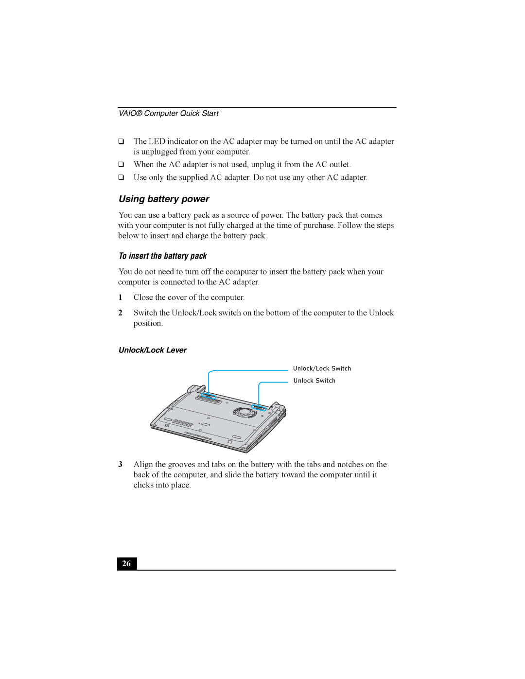 Sony PCG-R505 quick start Using battery power, To insert the battery pack 