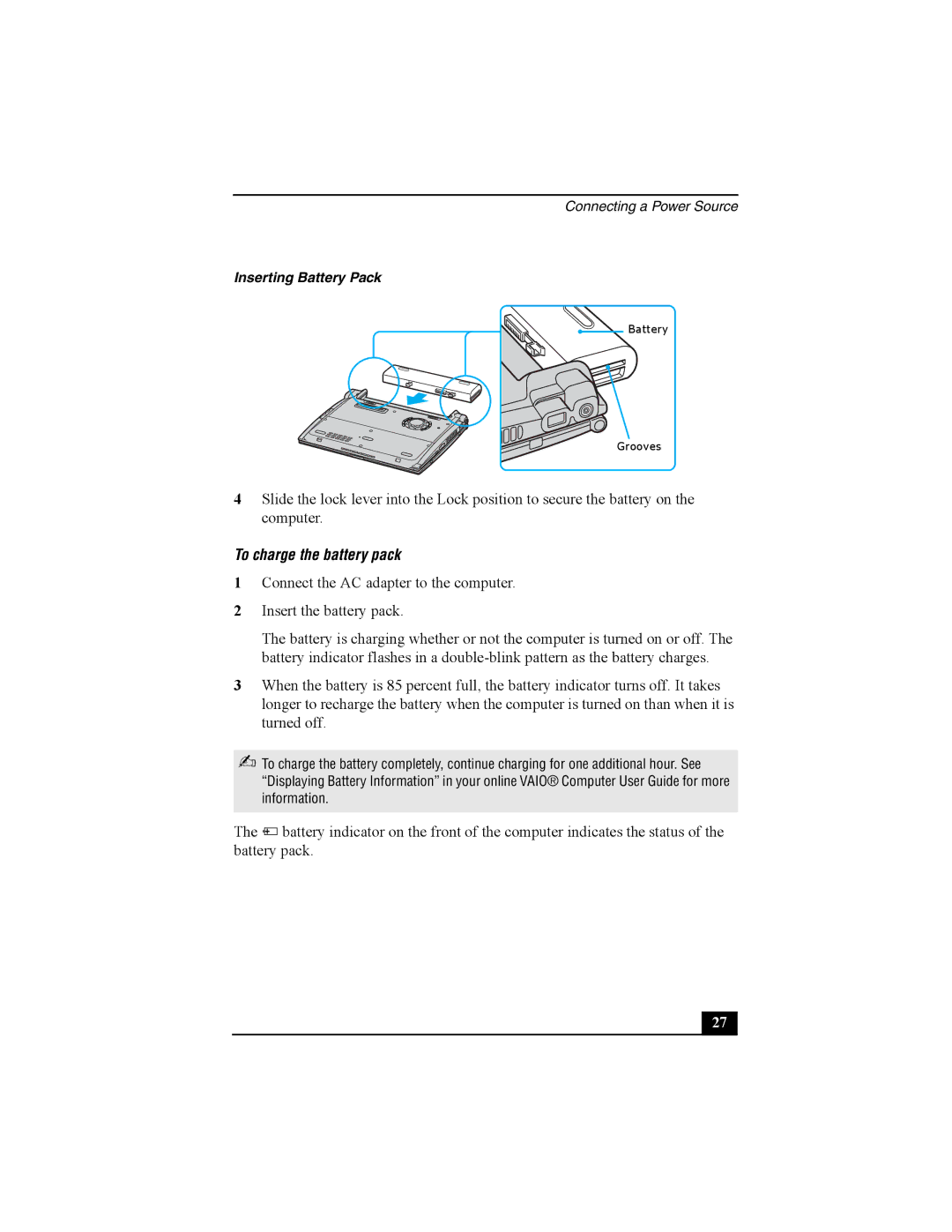 Sony PCG-R505 quick start To charge the battery pack 