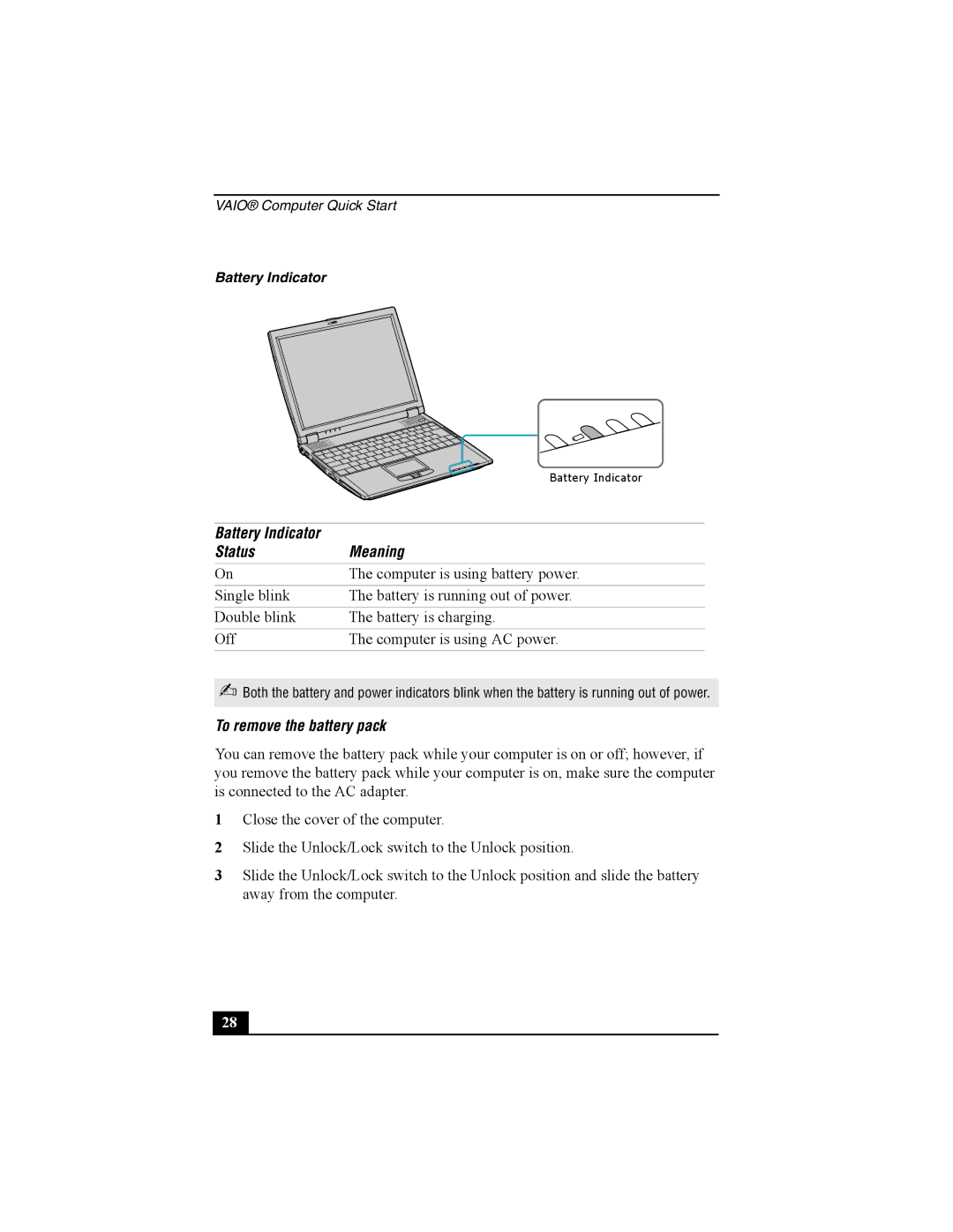 Sony PCG-R505 quick start Battery Indicator Status Meaning, To remove the battery pack 