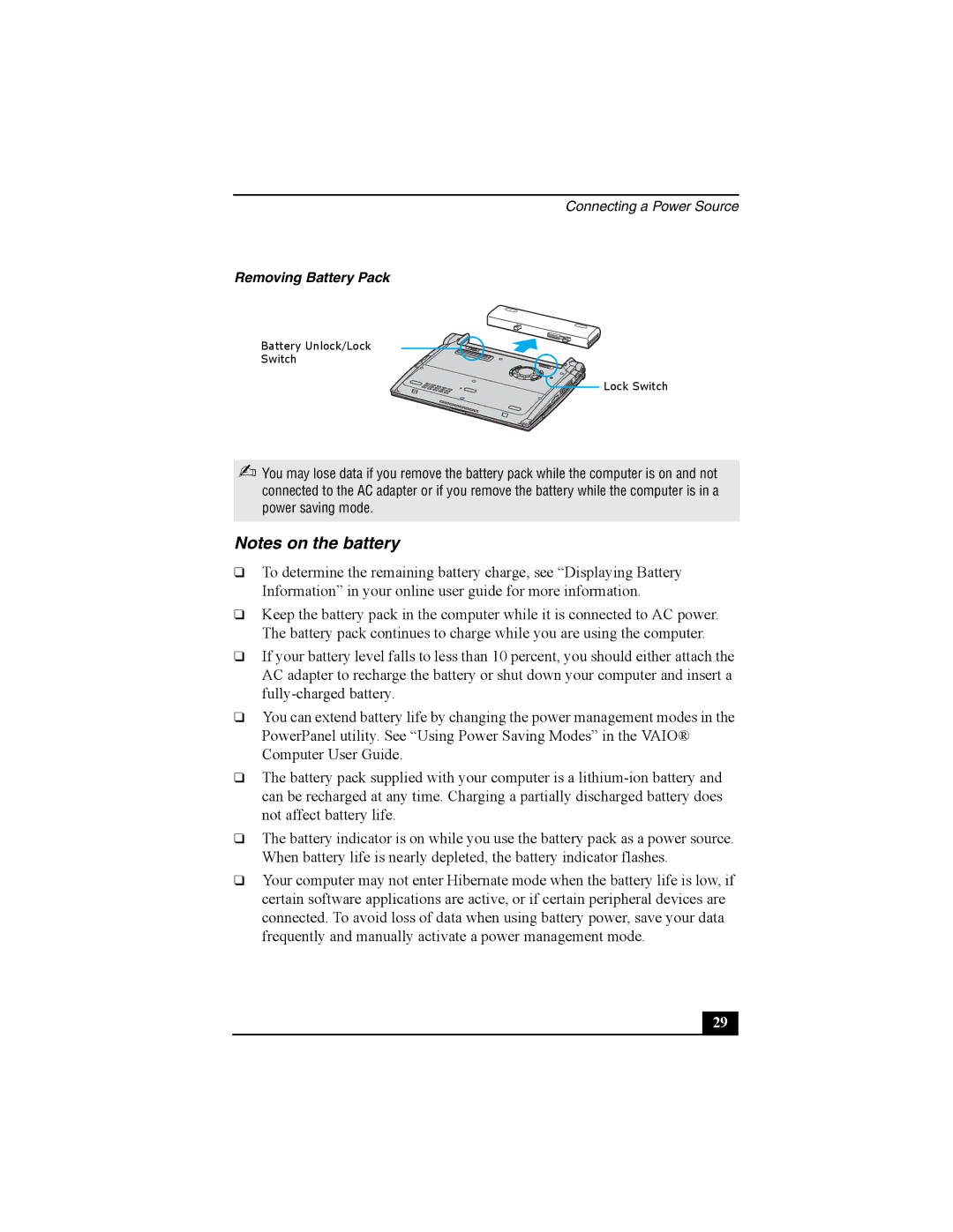 Sony PCG-R505 quick start Removing Battery Pack 