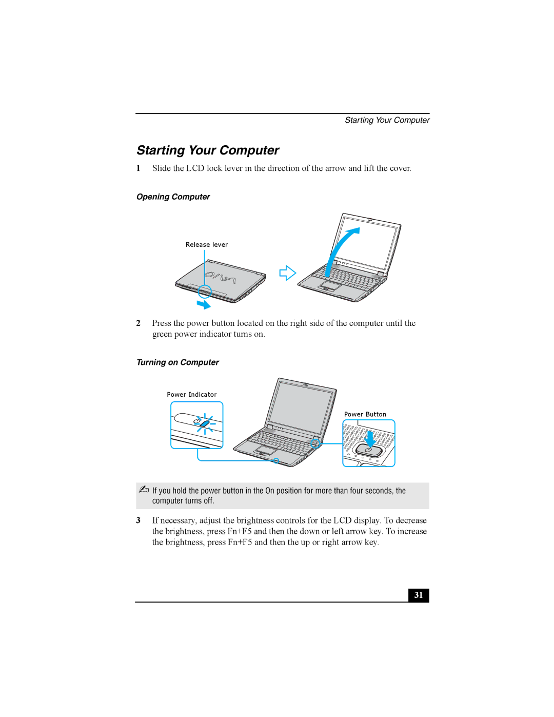 Sony PCG-R505 quick start Starting Your Computer, Turning on Computer 