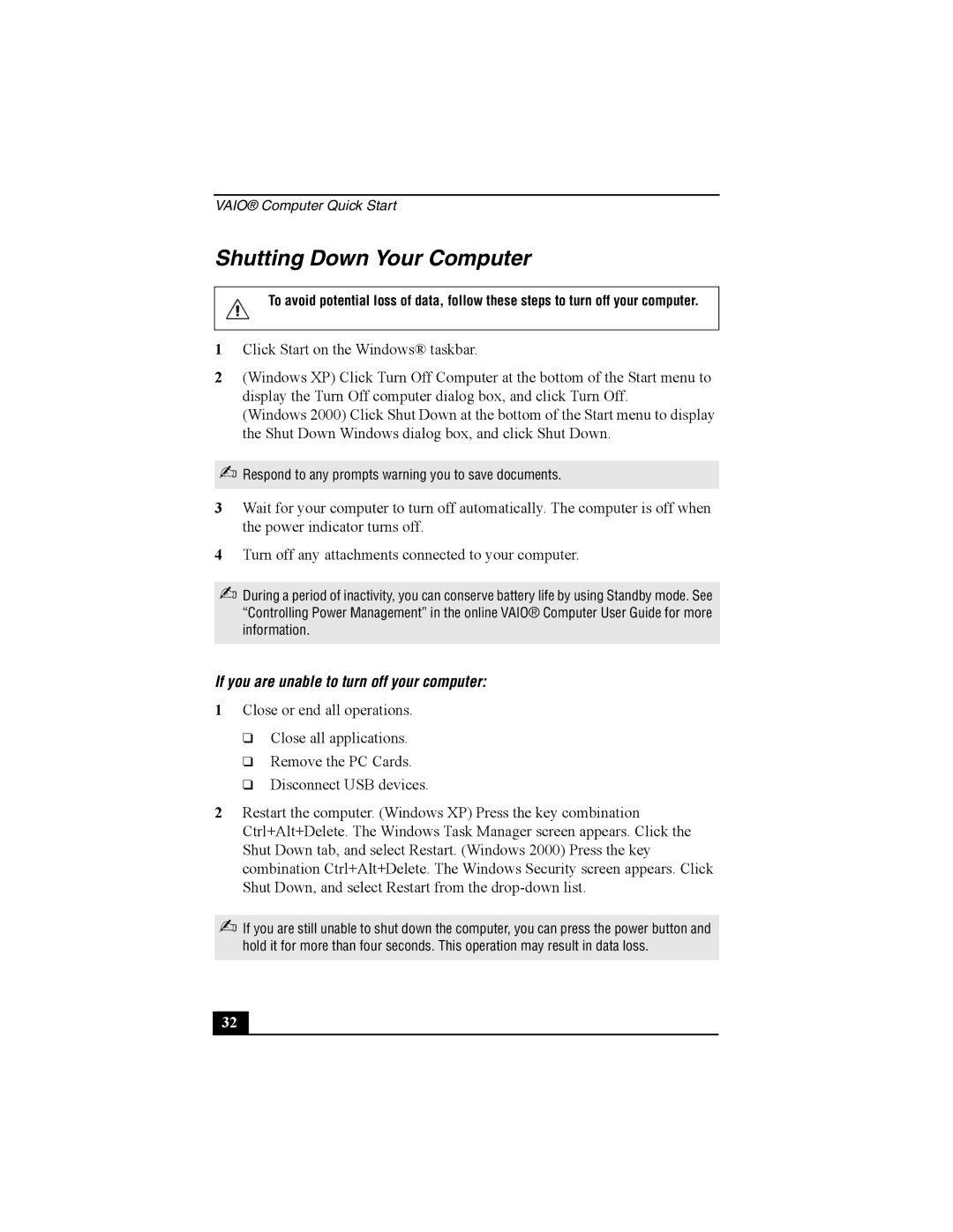 Sony PCG-R505 quick start Shutting Down Your Computer, If you are unable to turn off your computer 