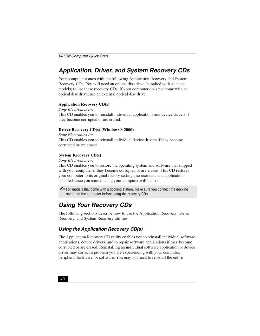 Sony PCG-R505 Application, Driver, and System Recovery CDs, Using Your Recovery CDs, Using the Application Recovery CDs 