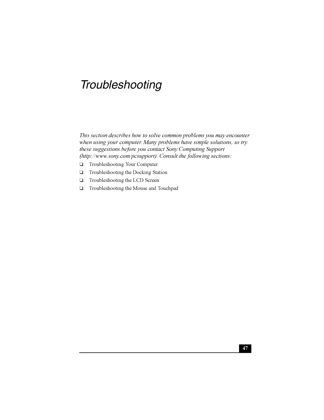 Sony PCG-R505 quick start Troubleshooting 