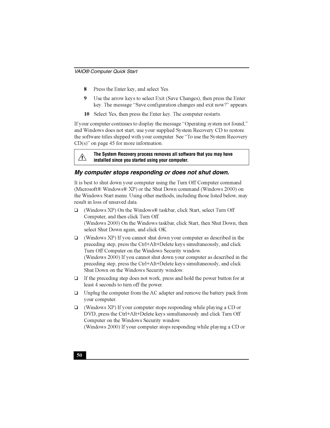 Sony PCG-R505 quick start My computer stops responding or does not shut down 