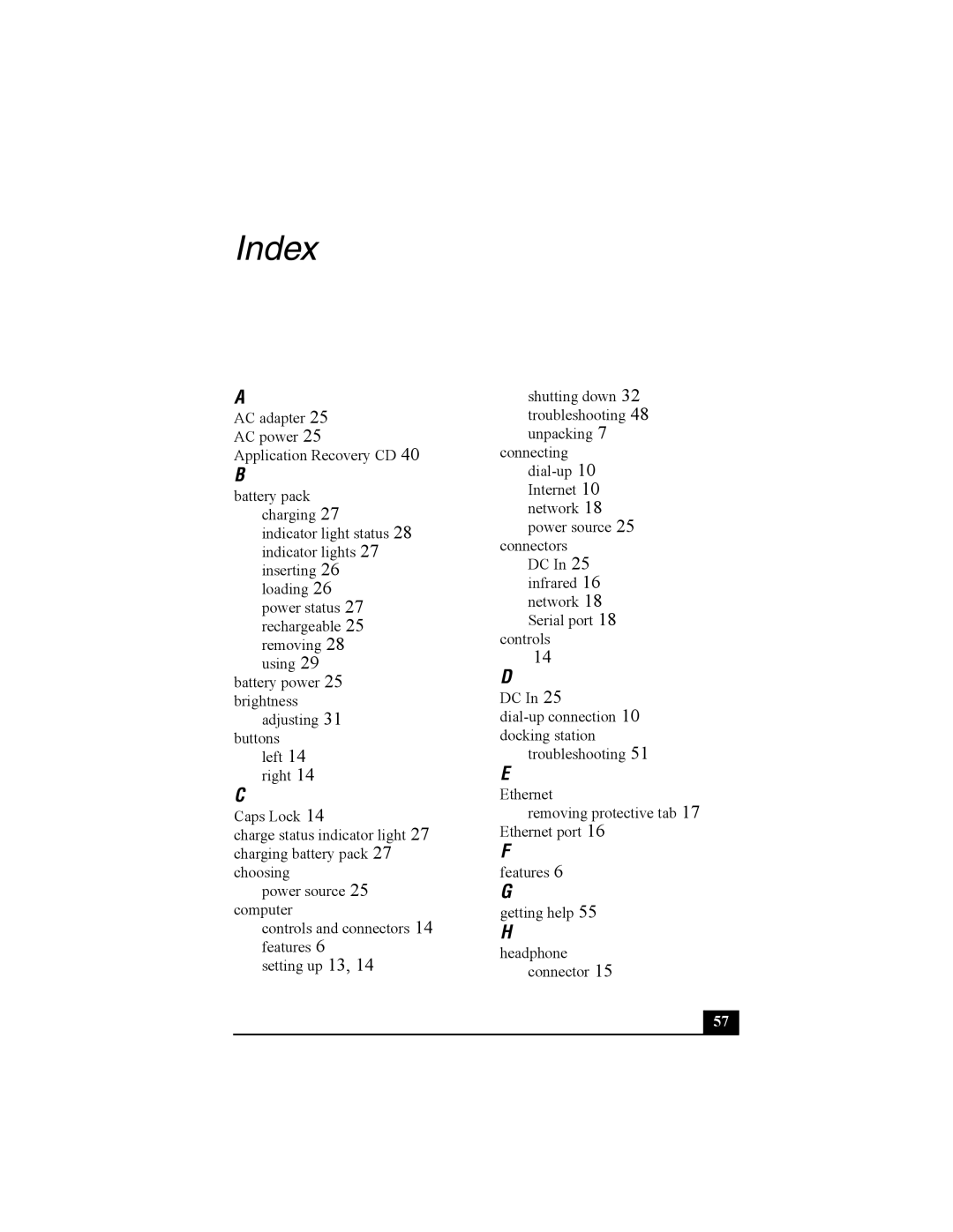 Sony PCG-R505 quick start Index 