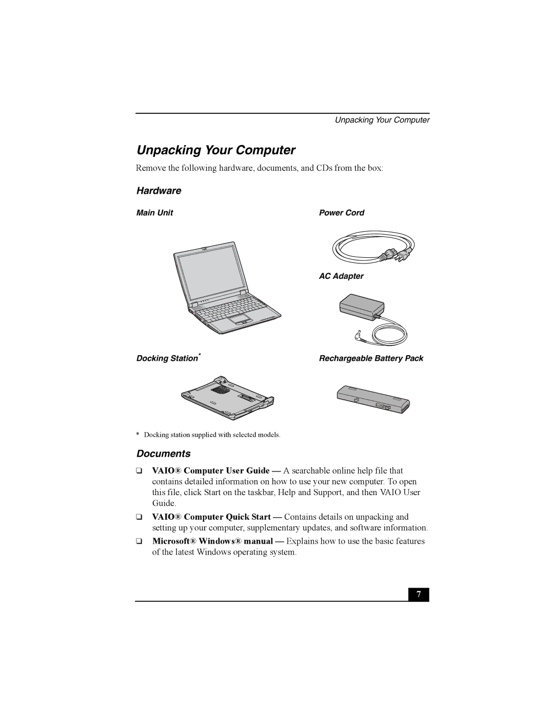 Sony PCG-R505 quick start Unpacking Your Computer, Hardware, Documents 