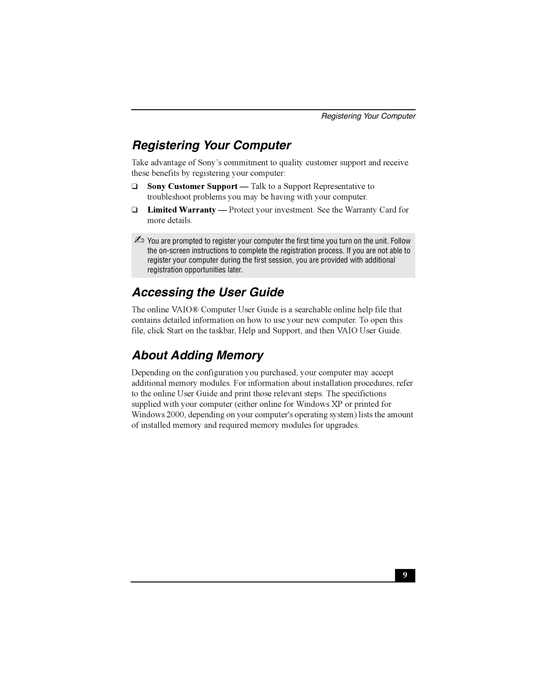 Sony PCG-R505 quick start Registering Your Computer, Accessing the User Guide, About Adding Memory 