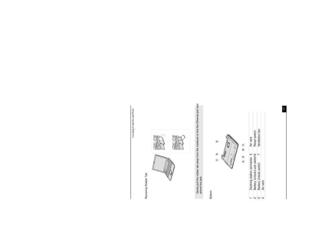 Sony PCG-R505DL, PCG-R505DSP, PCG-R505DSK service manual Battery Unlock switch Ventilation fan, Removing Rubber Tab 