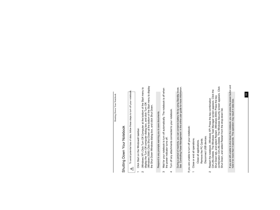 Sony PCG-R505DL, PCG-R505DSP, PCG-R505DSK Shutting Down Your Notebook, If you are unable to turn off your notebook 