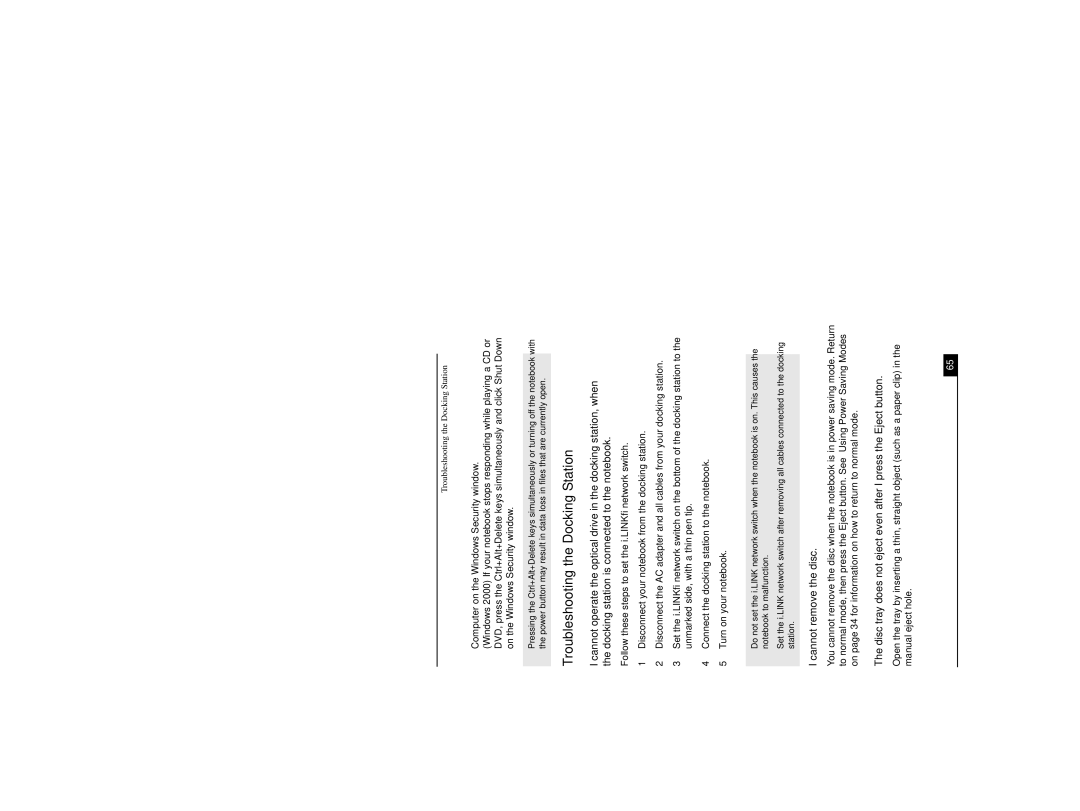 Sony PCG-R505DL, PCG-R505DSP, PCG-R505DSK service manual Troubleshooting the Docking Station, Cannot remove the disc 