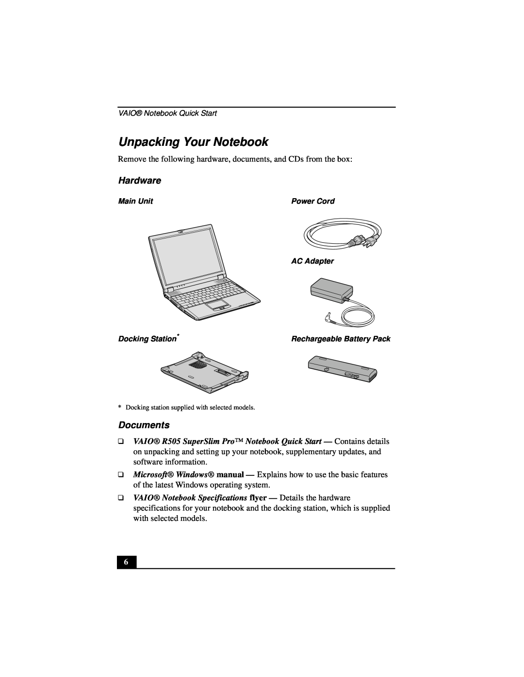 Sony PCG-R505DSK, PCG-R505DL, PCG-R505DSP service manual Unpacking Your Notebook, Hardware, Documents 