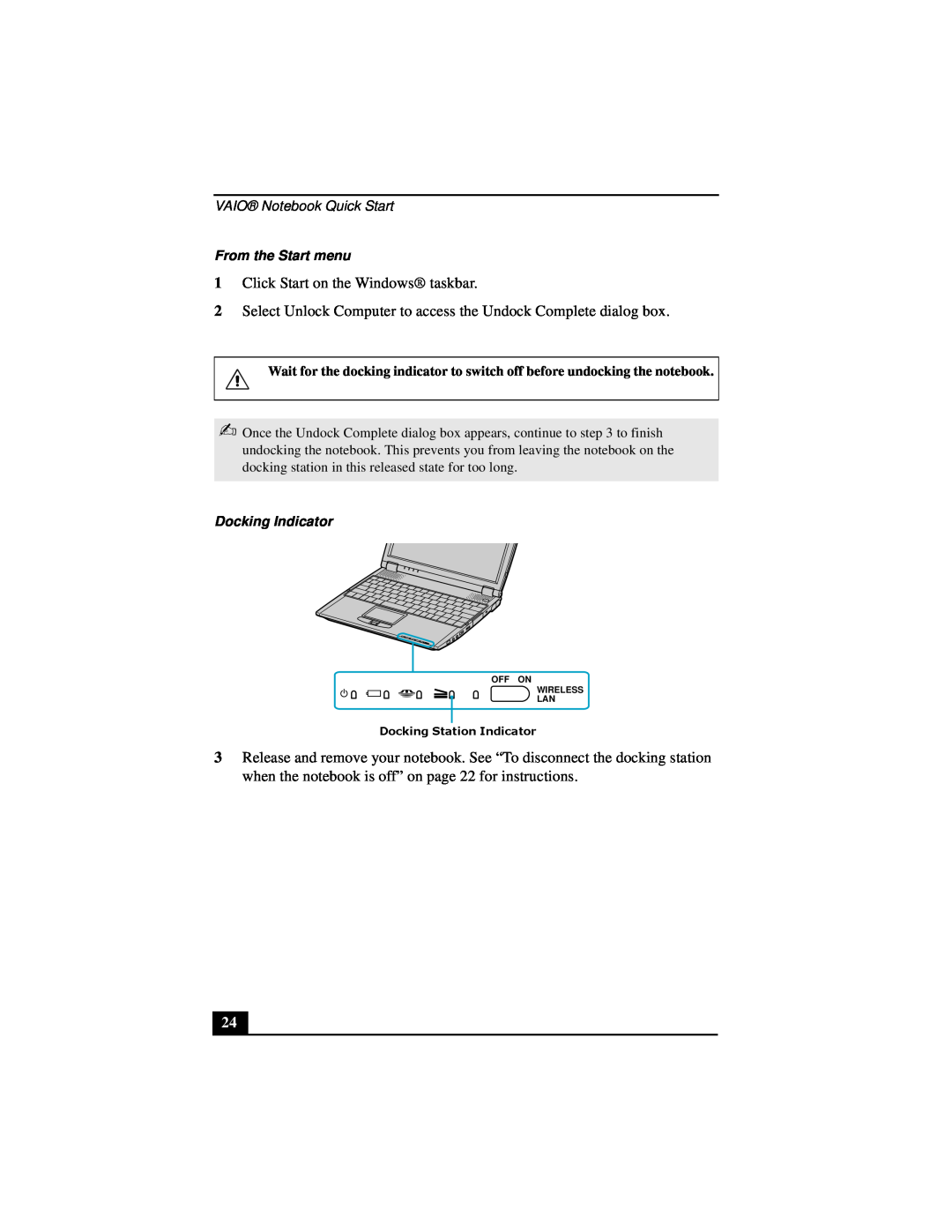 Sony PCG-R505DSP Click Start on the Windows taskbar, Select Unlock Computer to access the Undock Complete dialog box 