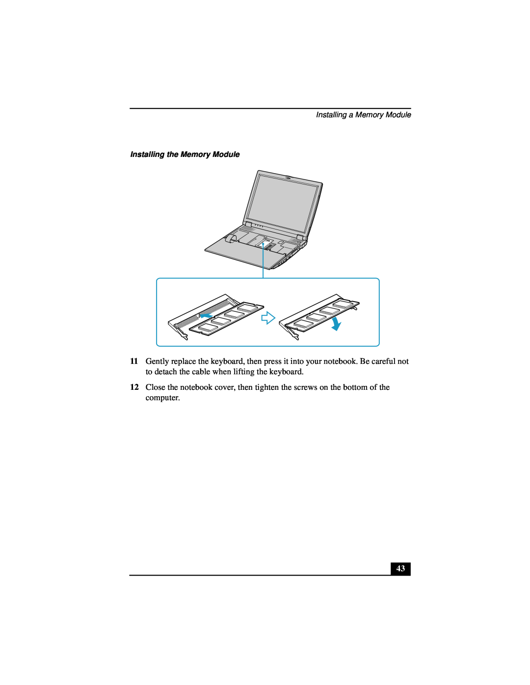 Sony PCG-R505DL, PCG-R505DSP, PCG-R505DSK service manual Installing the Memory Module 
