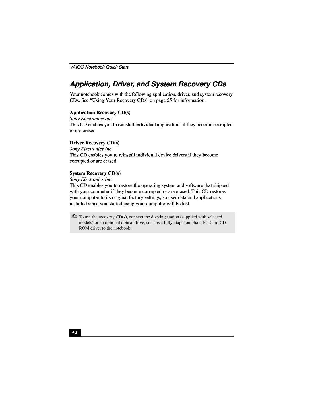 Sony PCG-R505DSK, PCG-R505DL Application, Driver, and System Recovery CDs, Application Recovery CDs, Sony Electronics Inc 