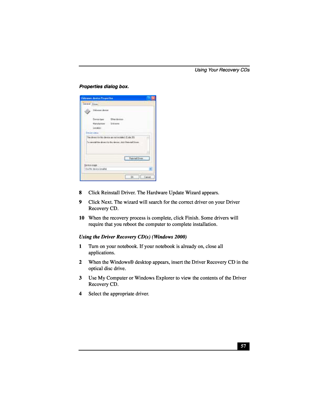 Sony PCG-R505DL, PCG-R505DSP, PCG-R505DSK service manual Using the Driver Recovery CDs Windows, Properties dialog box 