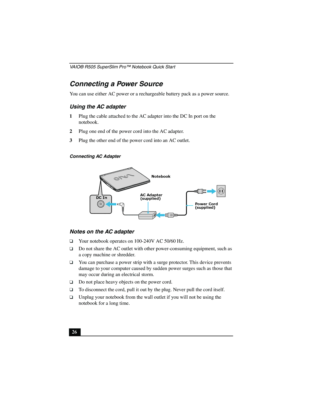 Sony PCG-R505JSK, PCG-R505JLK, PCG-R505JEP, PCG-R505JLP, PCG-R505JEK Connecting a Power Source, Using the AC adapter 