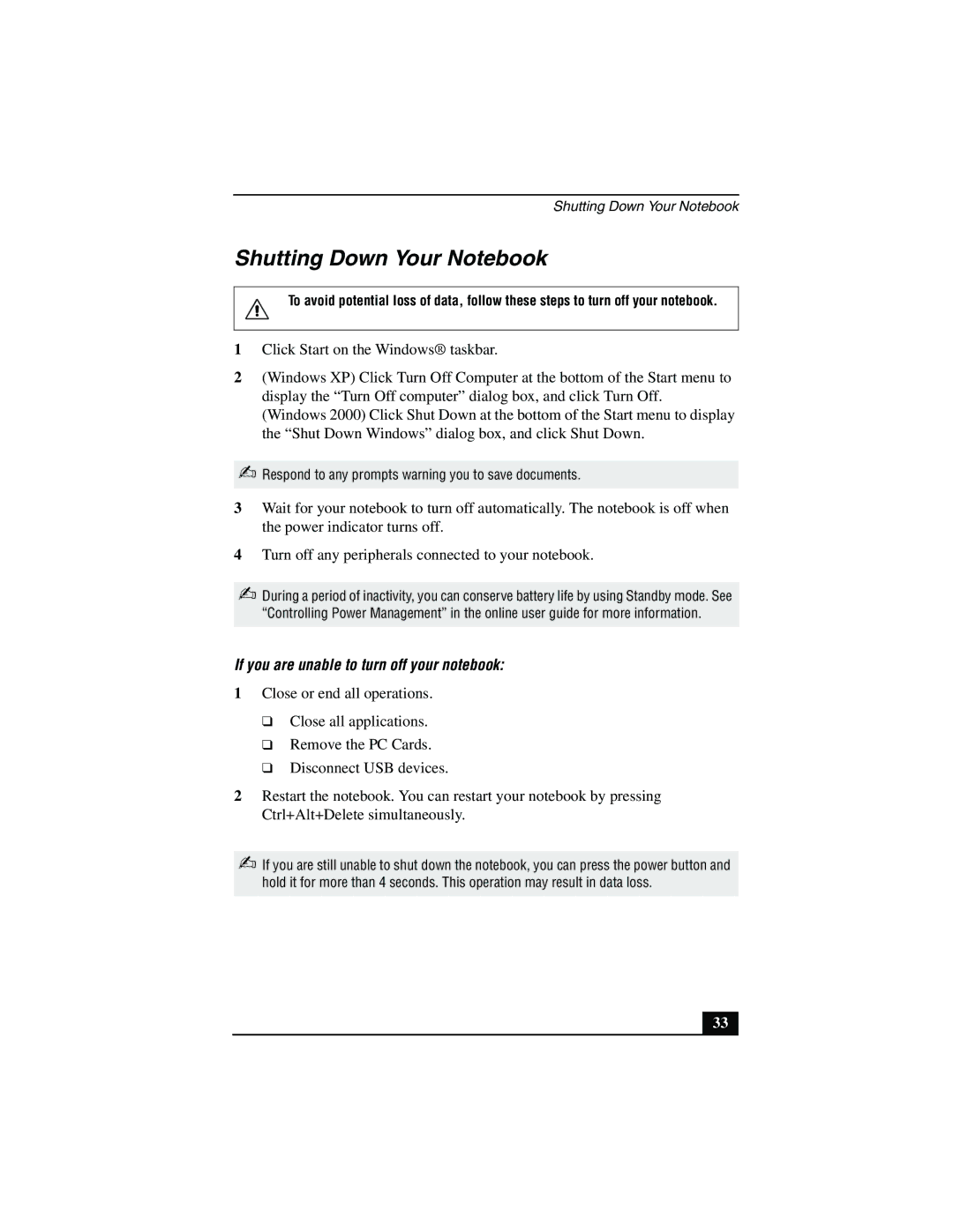 Sony PCG-R505JEP, PCG-R505JSK, PCG-R505JLK Shutting Down Your Notebook, If you are unable to turn off your notebook 