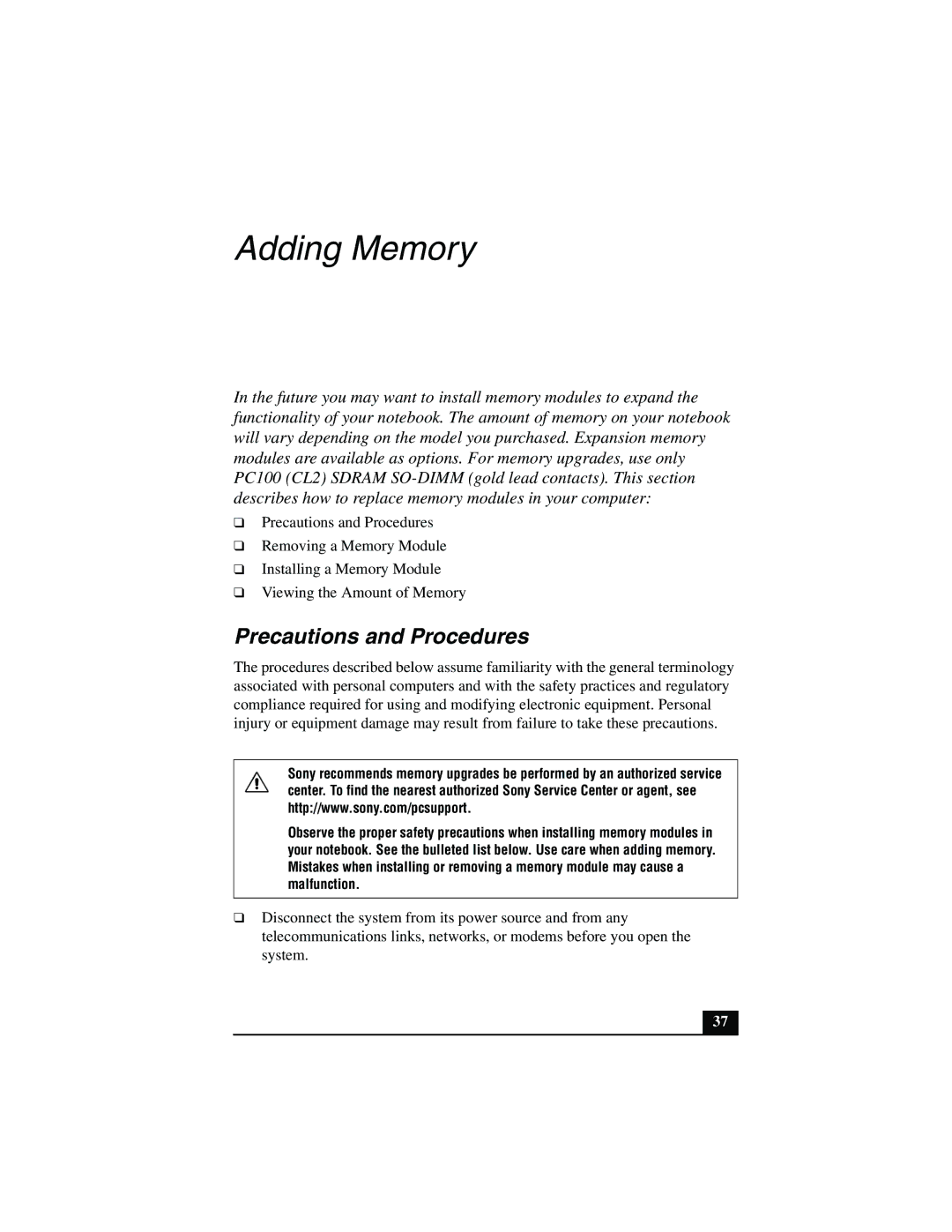 Sony PCG-R505JEK, PCG-R505JSK, PCG-R505JLK, PCG-R505JEP, PCG-R505JLP, PCG-R505JSP Adding Memory, Precautions and Procedures 