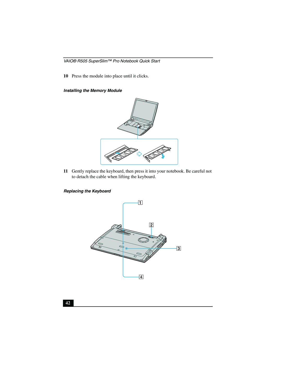 Sony PCG-R505JLK, PCG-R505JSK, PCG-R505JEP, PCG-R505JLP, PCG-R505JEK quick start Press the module into place until it clicks 