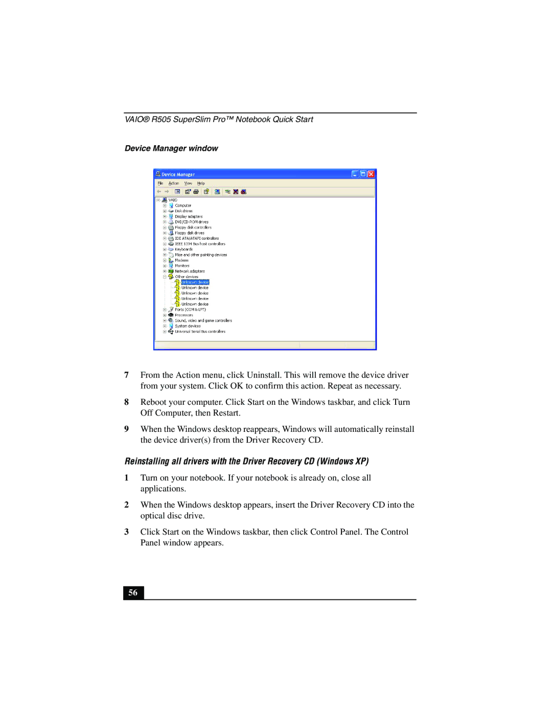 Sony PCG-R505JSK, PCG-R505JLK, PCG-R505JEP, PCG-R505JLP, PCG-R505JEK, PCG-R505JL/C, PCG-R505JSP Device Manager window 