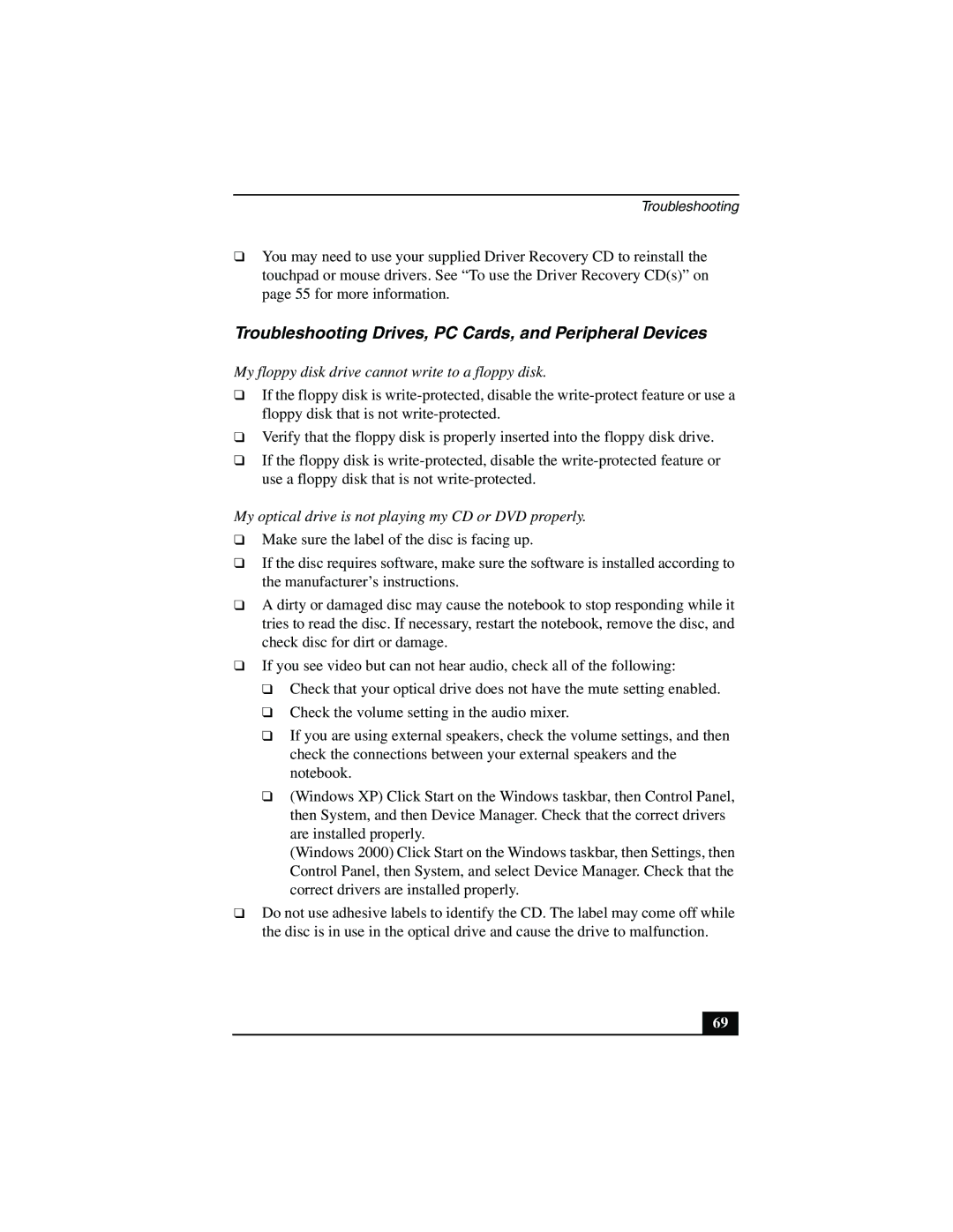 Sony PCG-R505JSP, PCG-R505JSK, PCG-R505JLK, PCG-R505JEP, PCG-R505JLP Troubleshooting Drives, PC Cards, and Peripheral Devices 