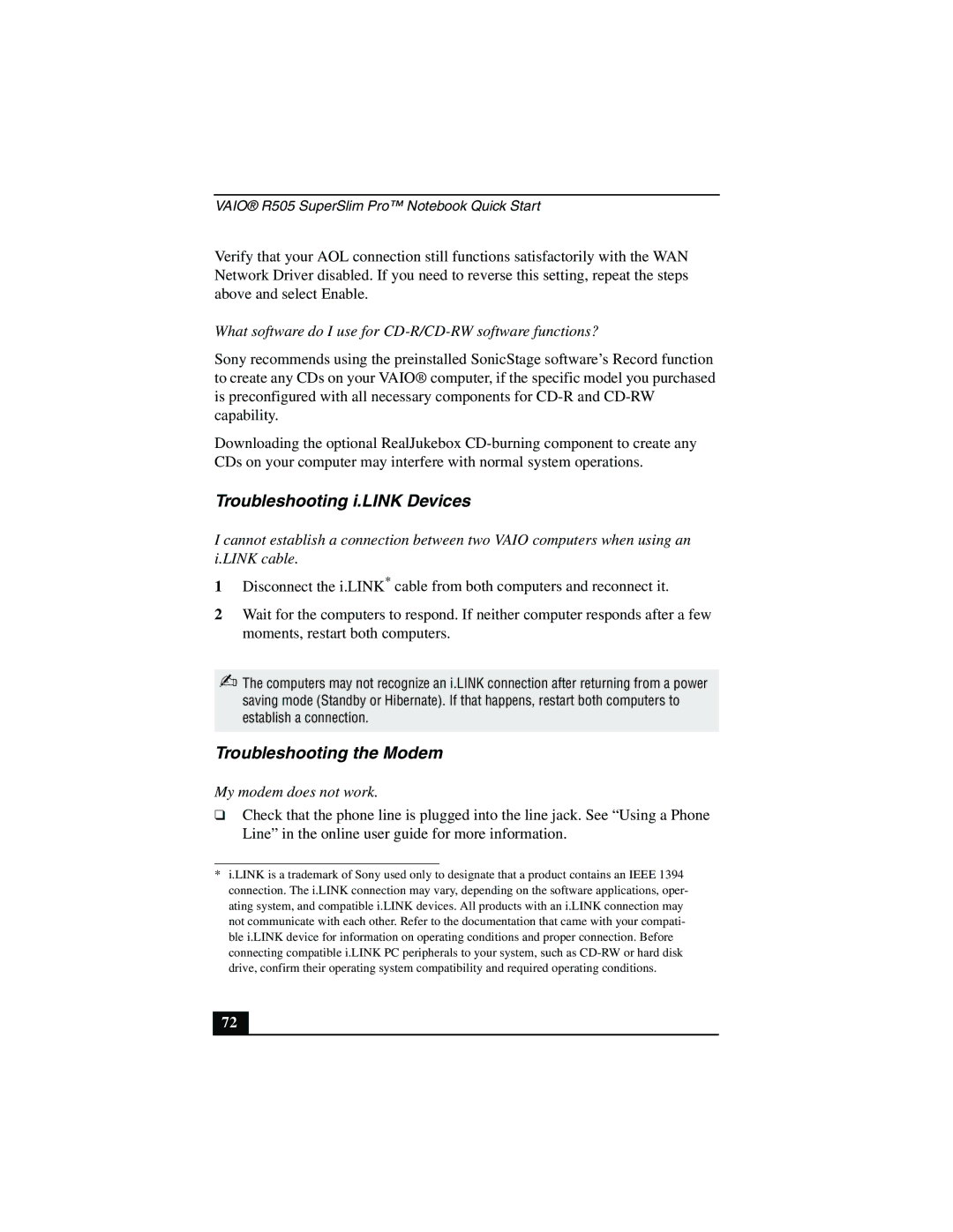 Sony PCG-R505JLK, PCG-R505JSK Troubleshooting i.LINK Devices, Troubleshooting the Modem, My modem does not work 